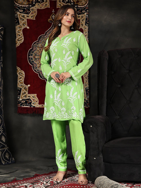 Miesha in Chikankari Short Modal Kurta Set - Green